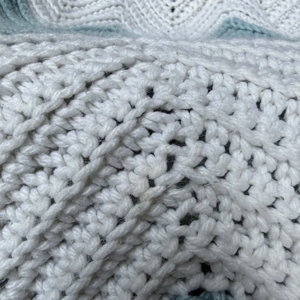 Handmade Crochet Chevron Ripple Afghan 59.5x36.25 Light Blue White Throw Blanket